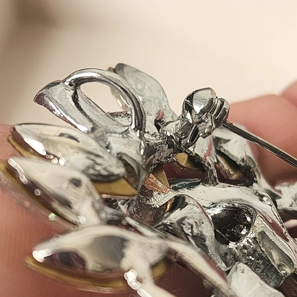 Large Statement Silver Iridescent Crystal Stones Brooch Pin